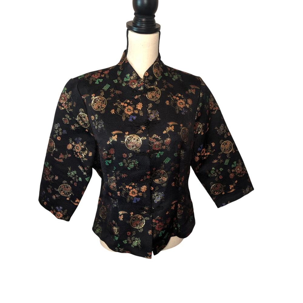 Fredericks of Hollywood Top Jacket Asian Design Damask Vintage 70s Jacket Black